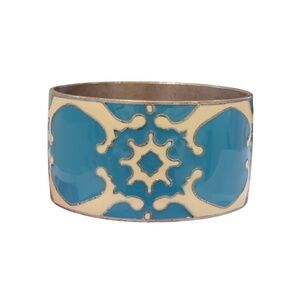 Lucky Brand Wide Bangle Bracelet Aqua Ivory Moroccan Pattern Enamel Wide